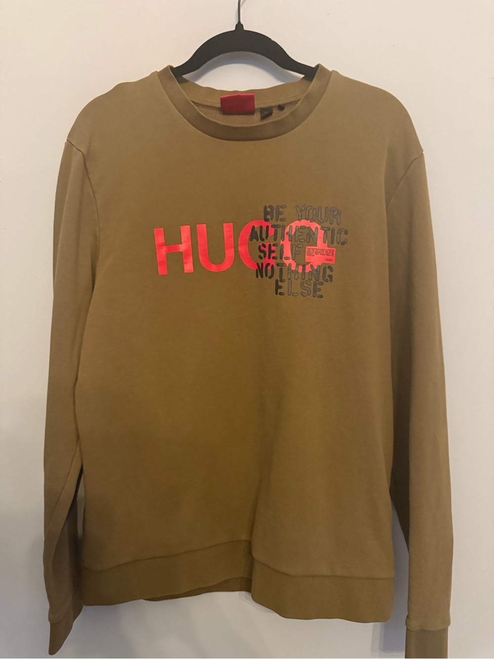 HUGO Tan Crewneck with Red Logo Tag